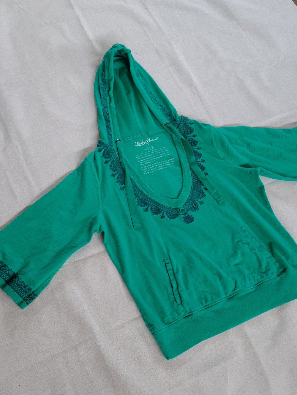 Lucky Brand Teal Hooded V-Neck Sweatshirt with Navy Embroidery